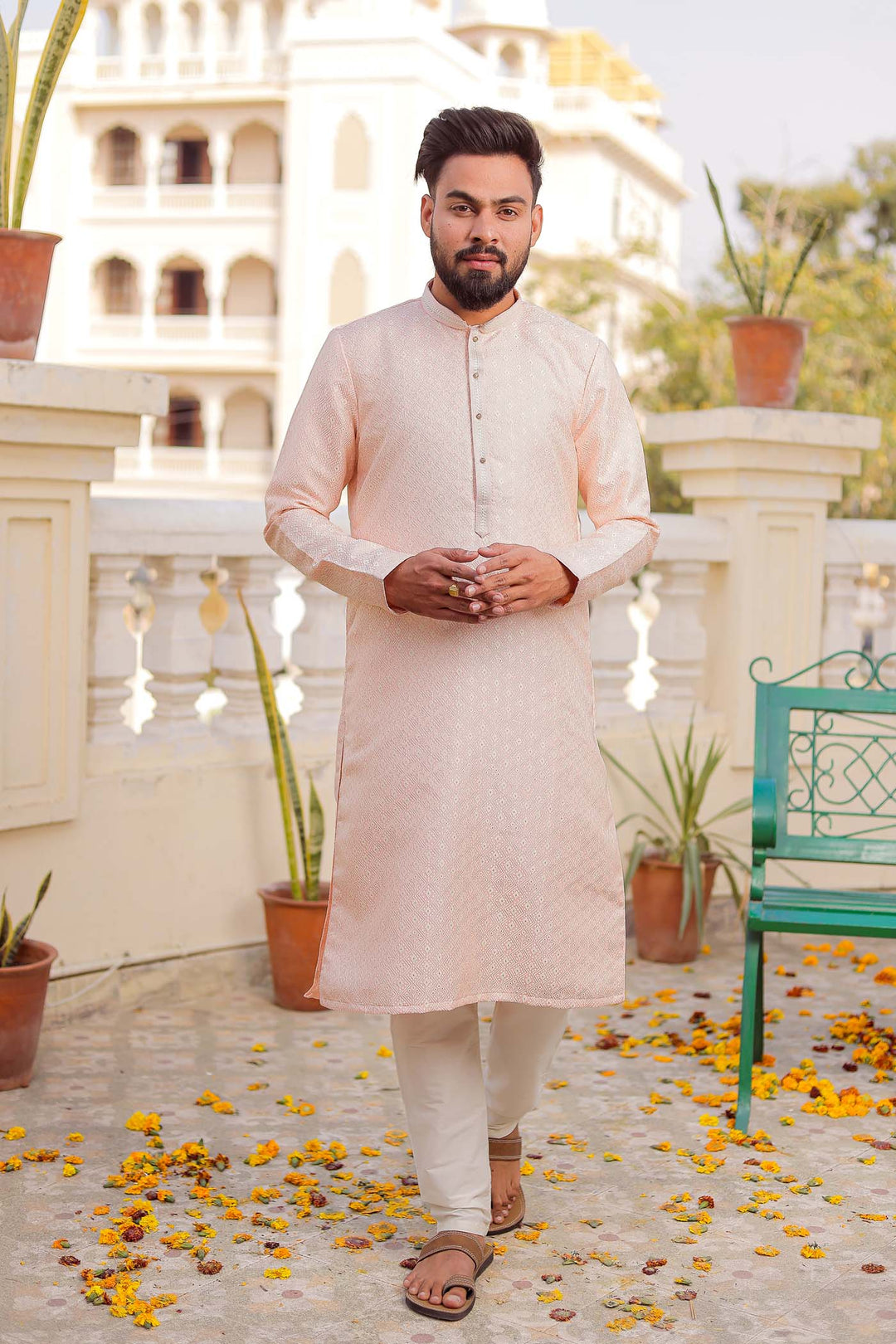 Light Pink Brocade Silk Kurta Suit.