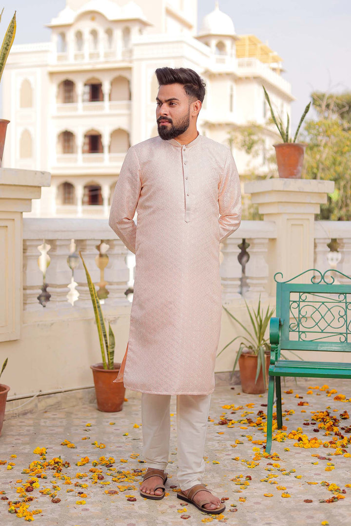 Light Pink Brocade Silk Kurta Suit.