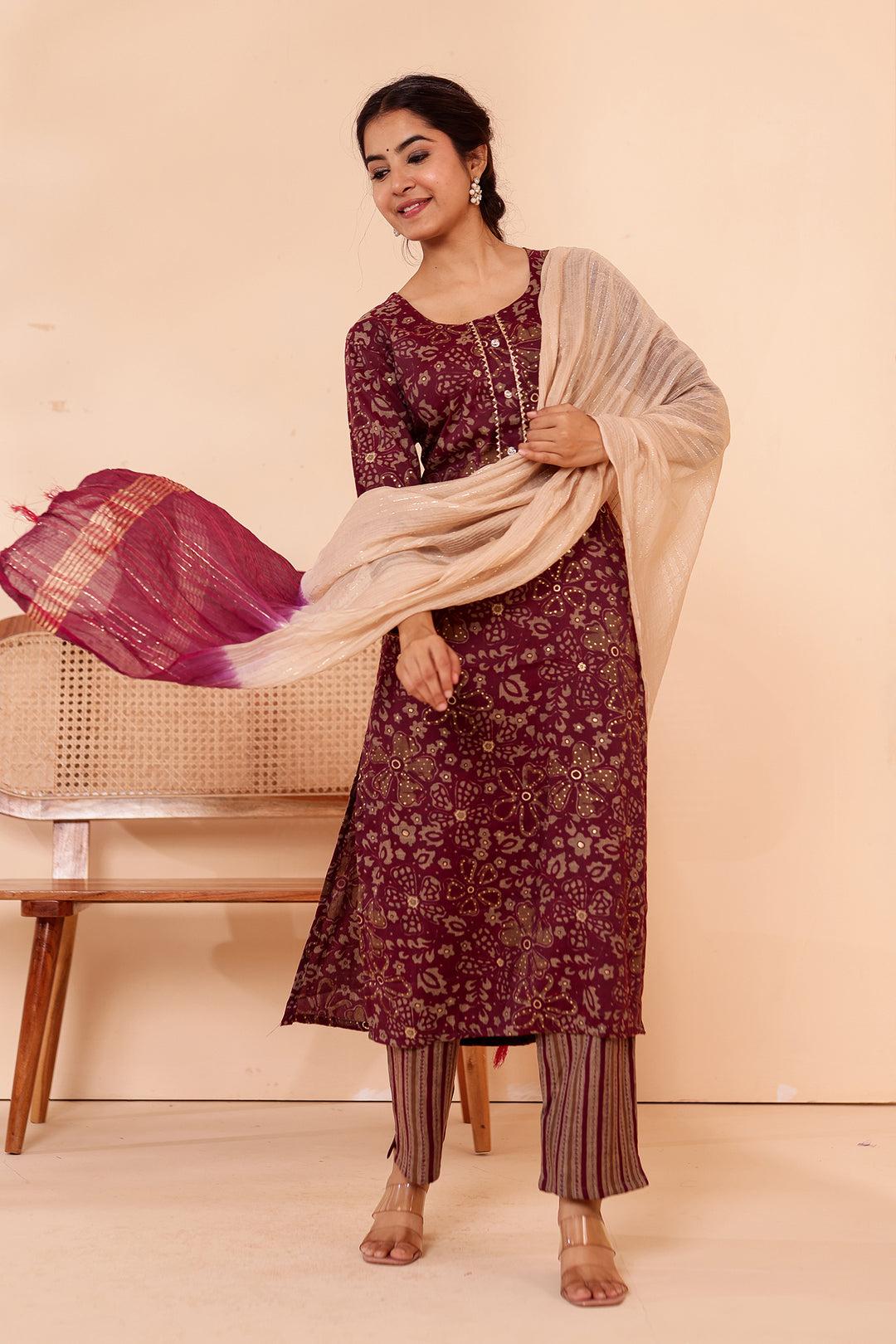 Purple Floral Printed Straight Cut Rayon Kurta Set.