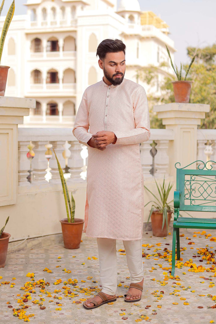 Light Pink Brocade Silk Kurta Suit.