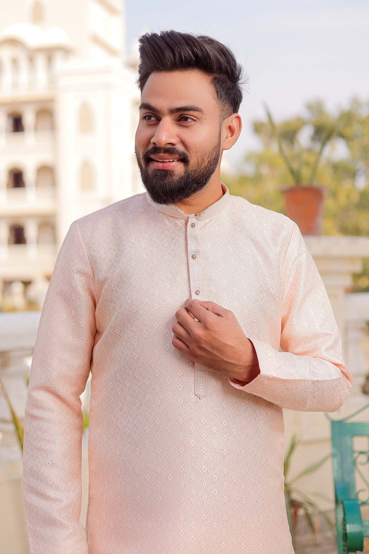 Light Pink Brocade Silk Kurta Suit.