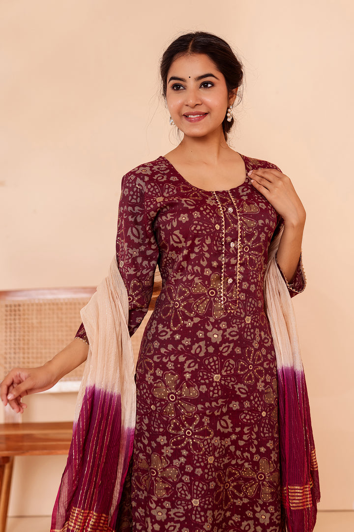 Purple Floral Printed Straight Cut Rayon Kurta Set.