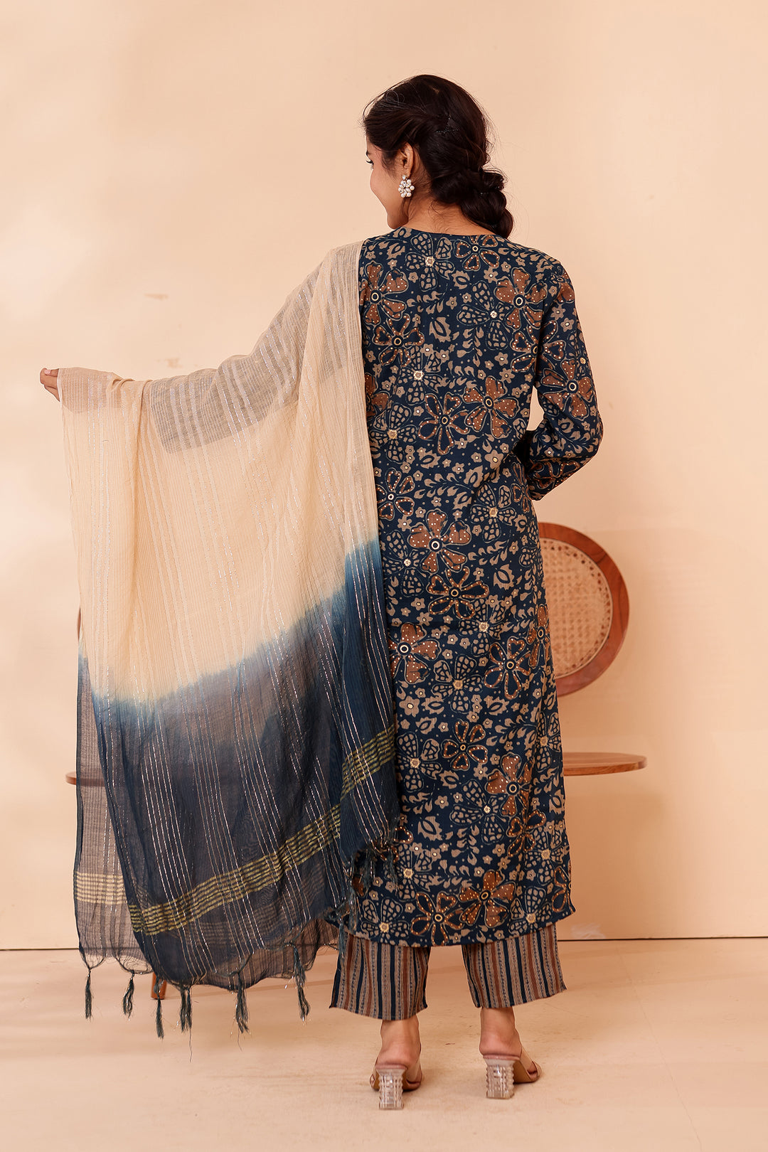 Dark Blue Floral Printed Straight Cut Rayon Kurta Set.