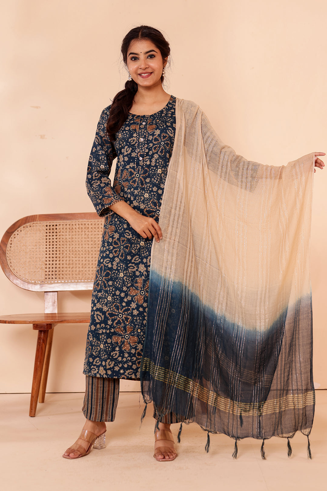 Dark Blue Floral Printed Straight Cut Rayon Kurta Set.