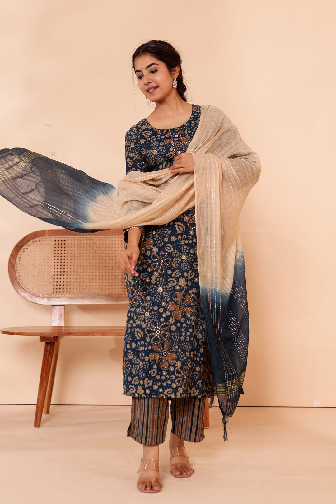 Dark Blue Floral Printed Straight Cut Rayon Kurta Set.