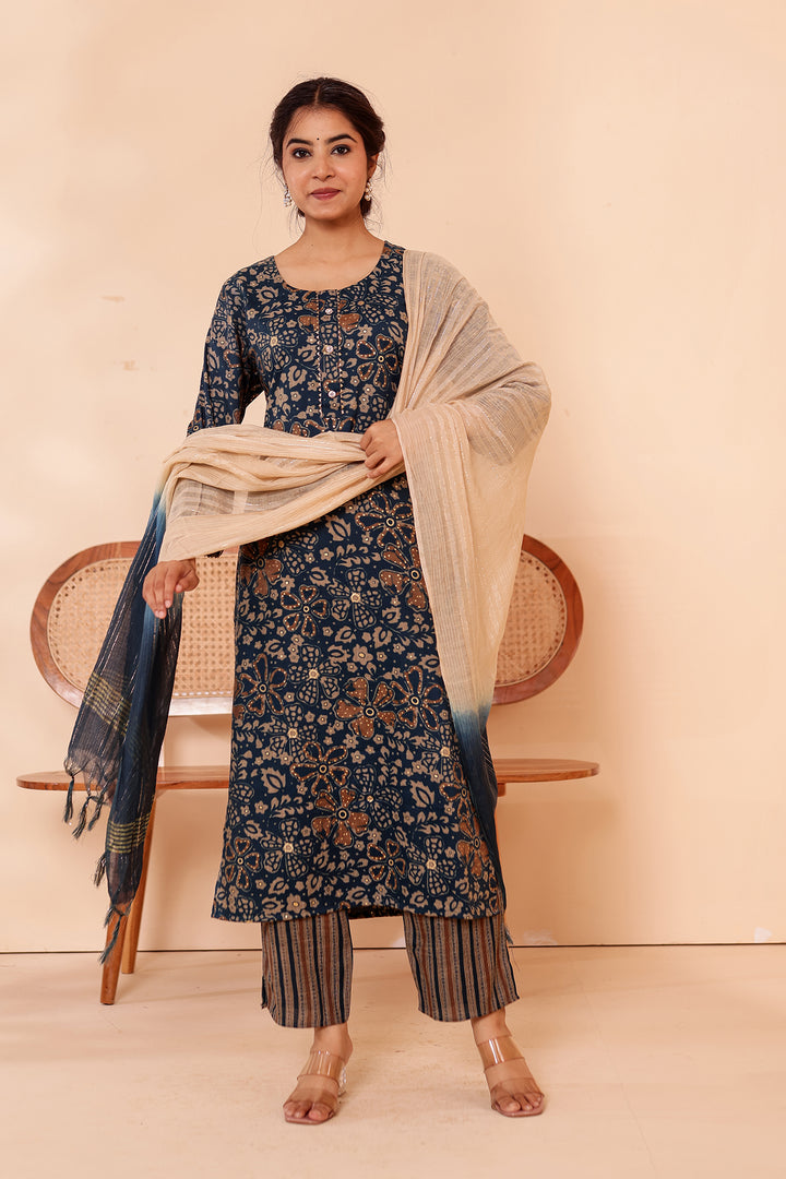 Dark Blue Floral Printed Straight Cut Rayon Kurta Set.