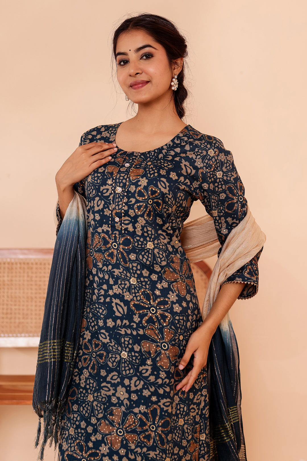 Dark Blue Floral Printed Straight Cut Rayon Kurta Set.