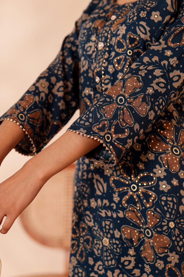 Dark Blue Floral Printed Straight Cut Rayon Kurta Set.