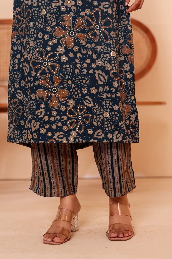 Dark Blue Floral Printed Straight Cut Rayon Kurta Set.
