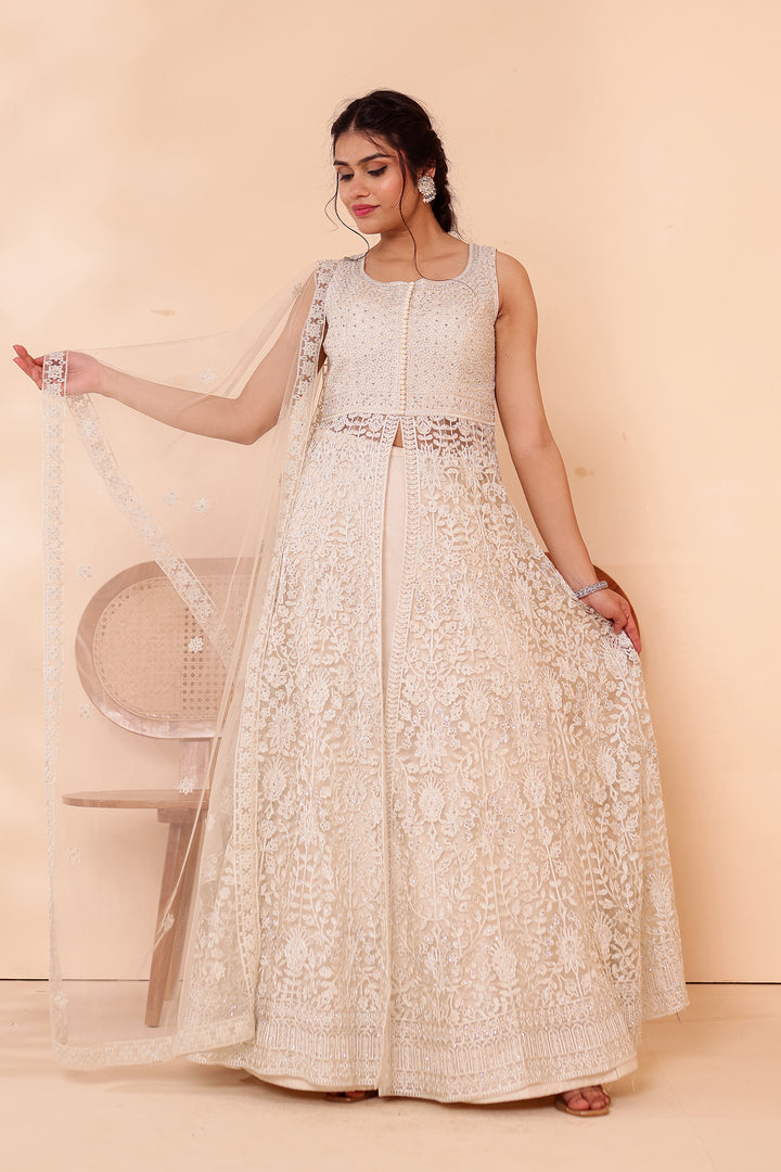 Beige Net Long Top with Raw Silk Skirt.