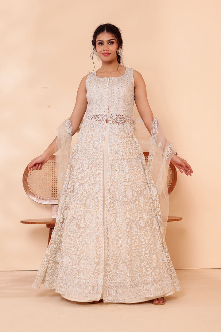 Beige Net Long Top with Raw Silk Skirt.