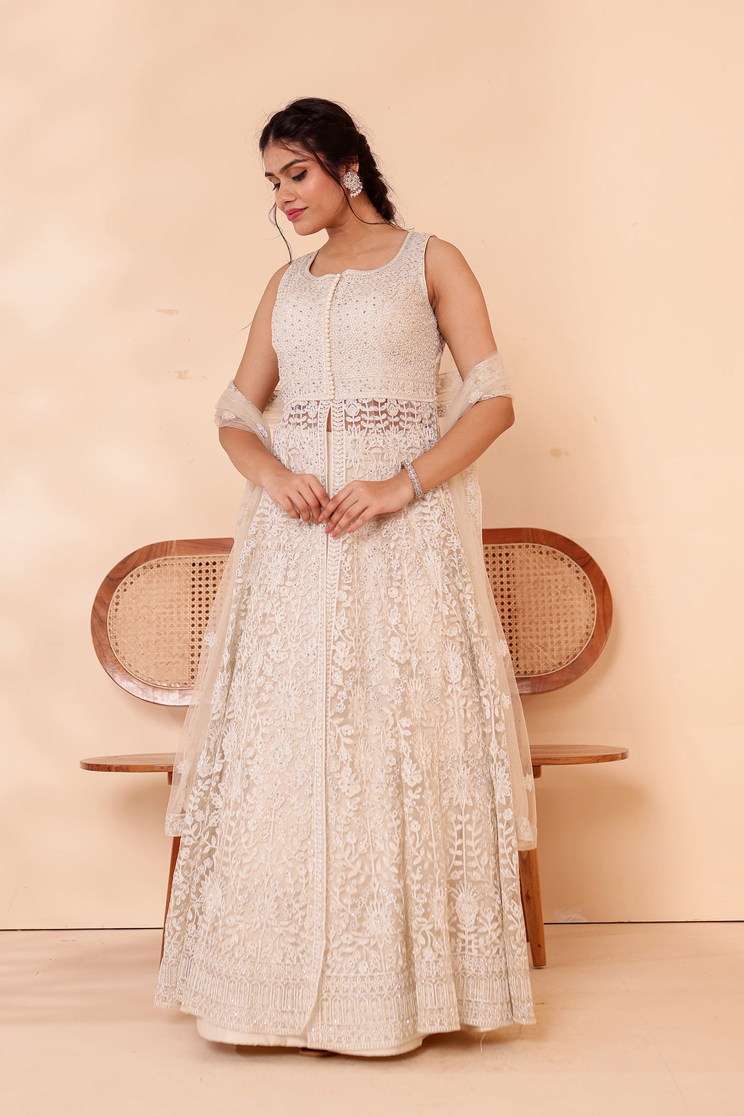 Beige Net Long Top with Raw Silk Skirt.