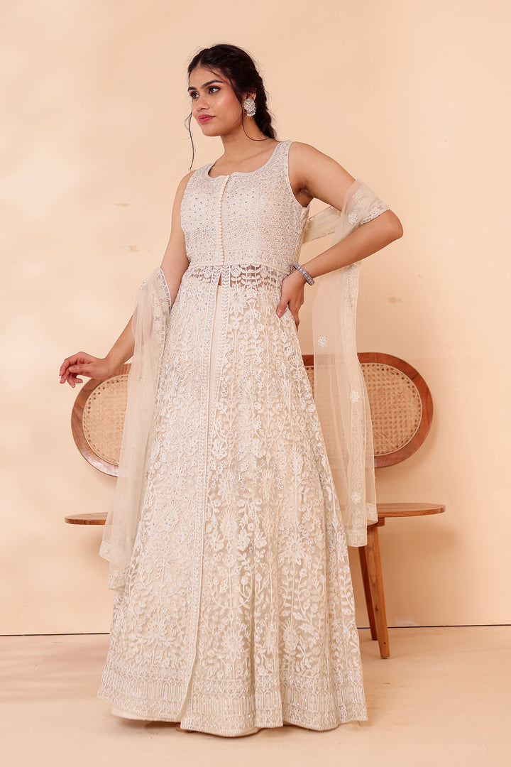 Beige Net Long Top with Raw Silk Skirt.
