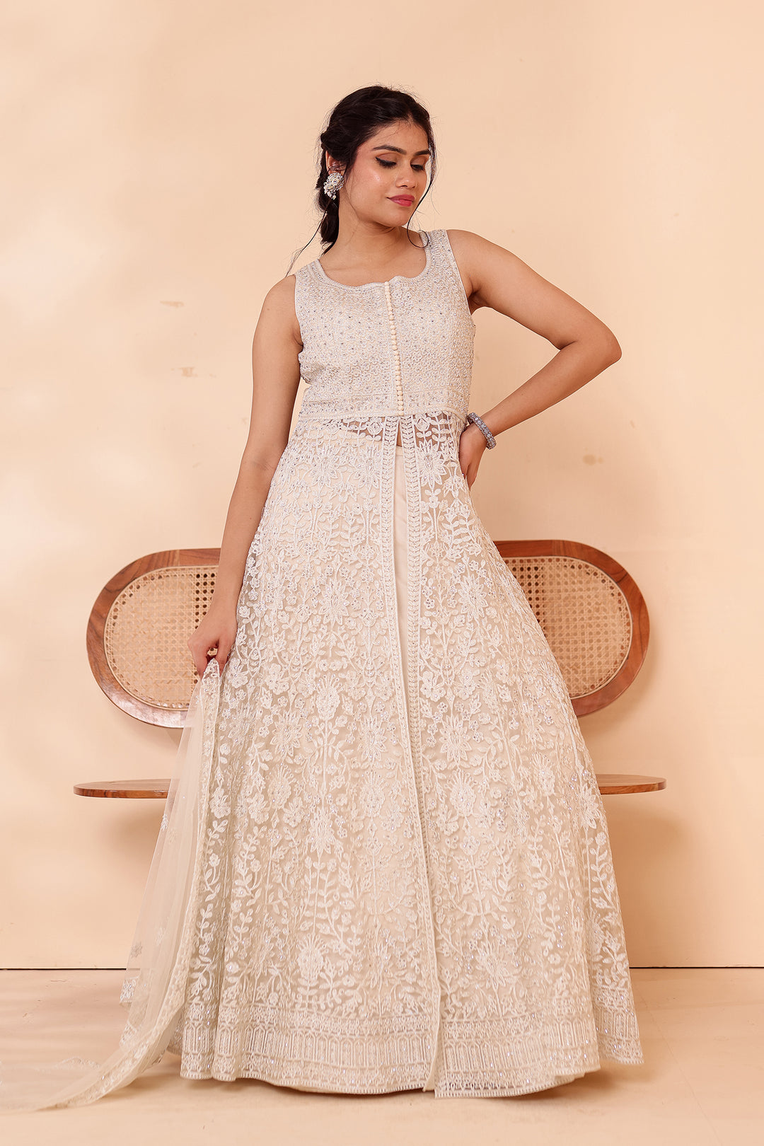 Beige Net Long Top with Raw Silk Skirt.