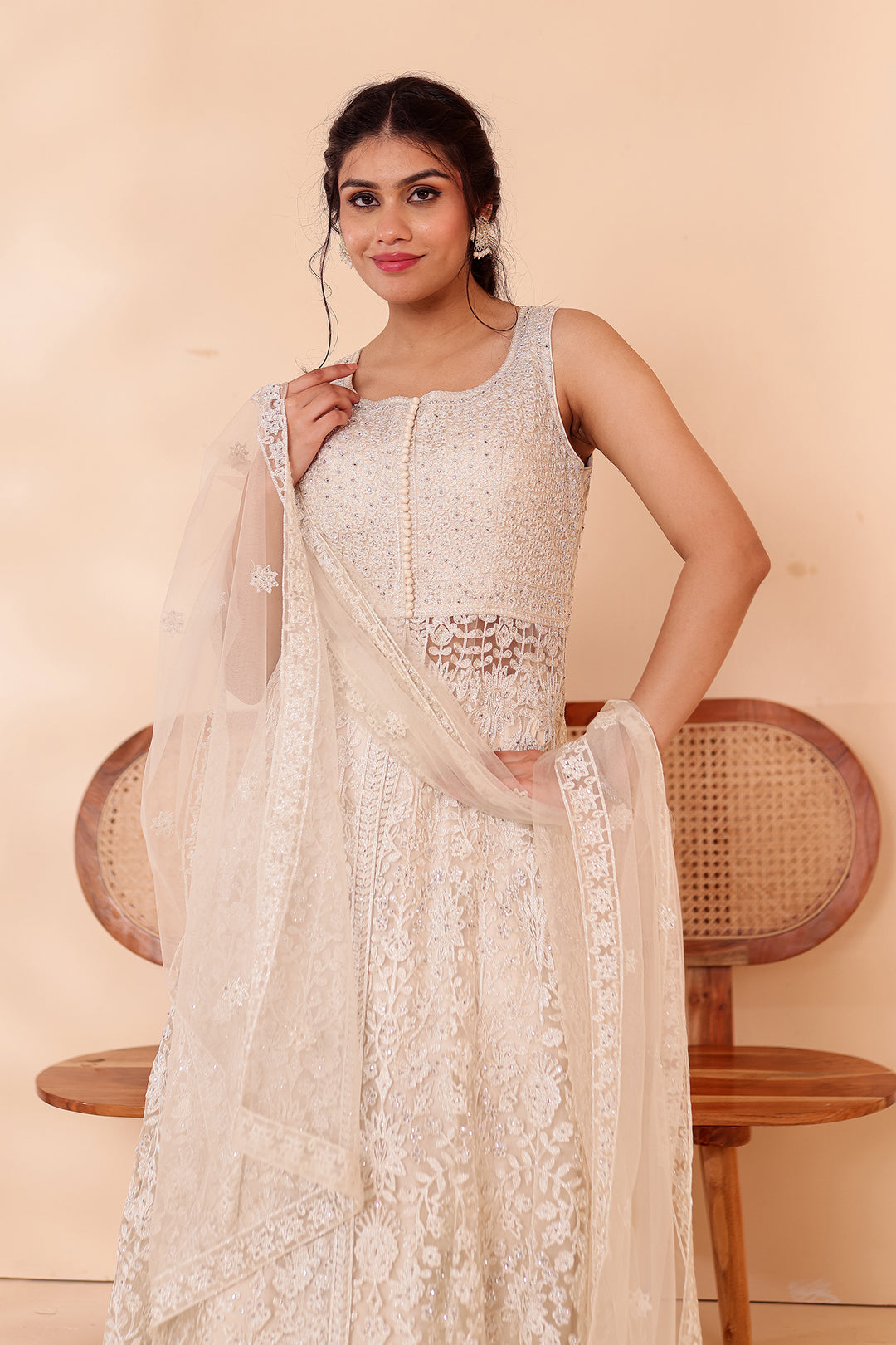 Beige Net Long Top with Raw Silk Skirt.