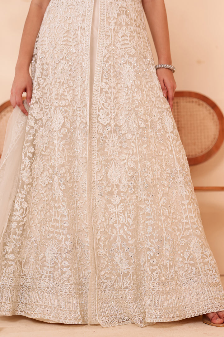 Beige Net Long Top with Raw Silk Skirt.