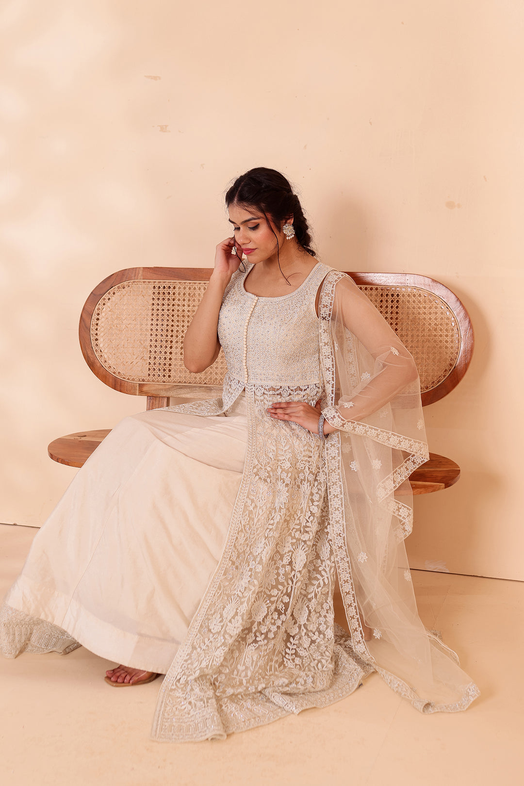 Beige Net Long Top with Raw Silk Skirt.