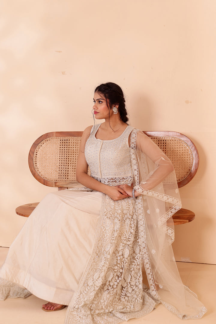 Beige Net Long Top with Raw Silk Skirt.