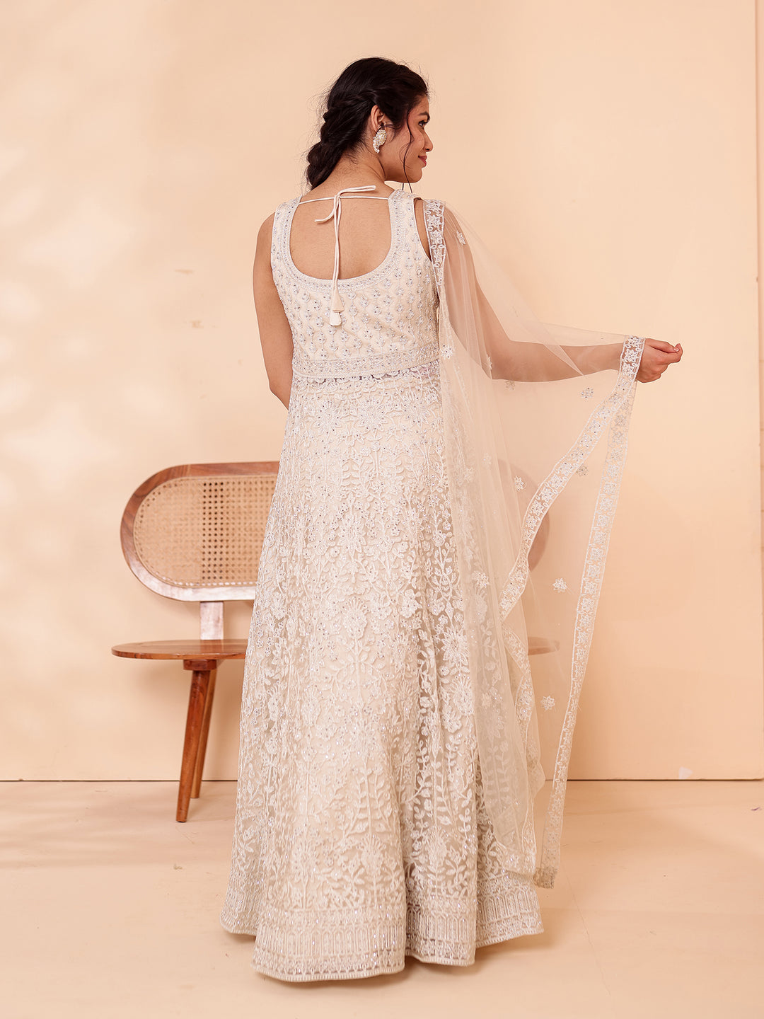 Beige Net Long Top with Raw Silk Skirt.
