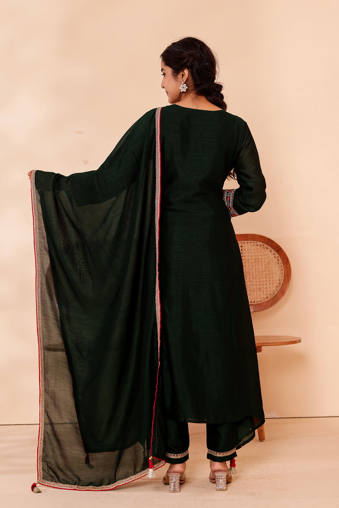 Bottle Green A Line Vichitra Silk Suit.
