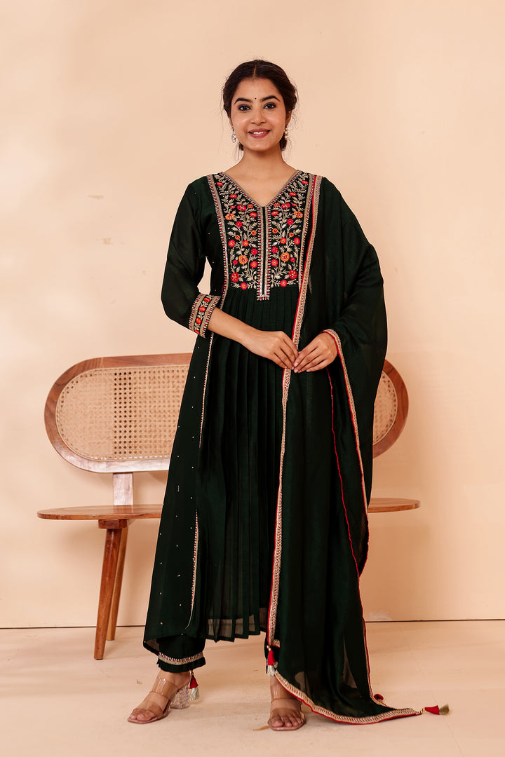 Bottle Green A Line Vichitra Silk Suit.