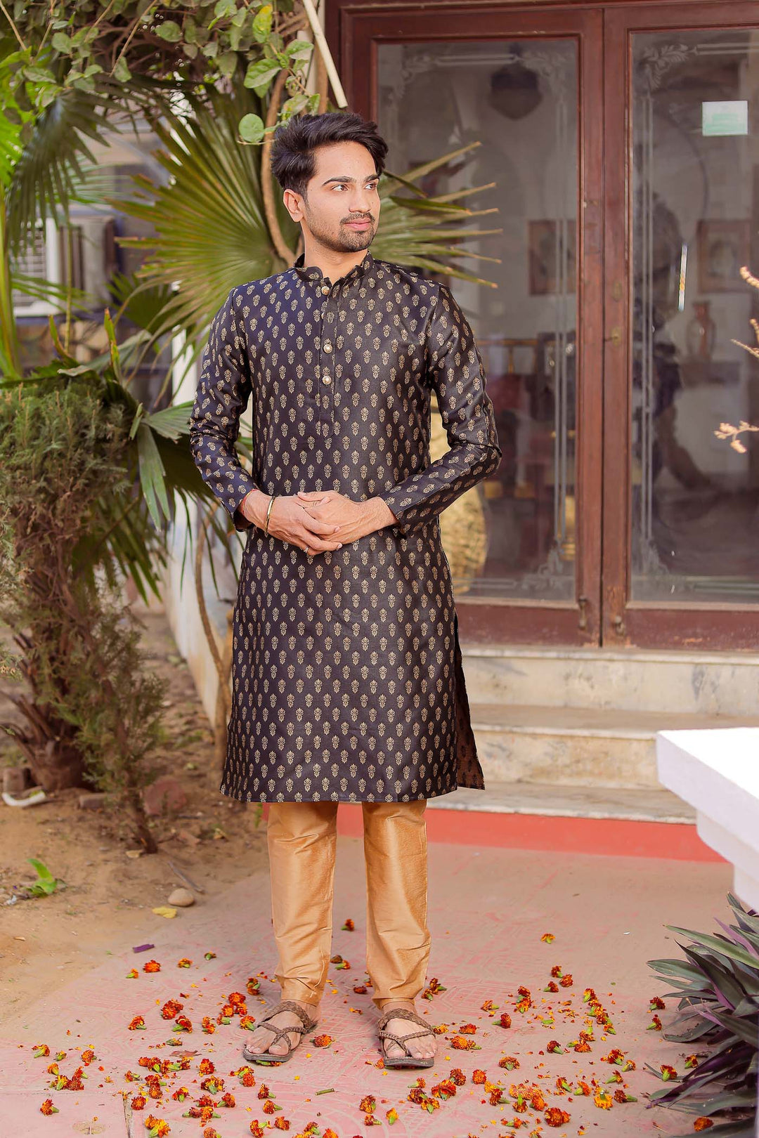 Black Brocade Silk Kurta Suit.