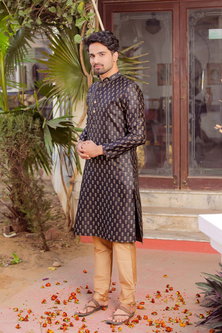 Black Brocade Silk Kurta Suit.