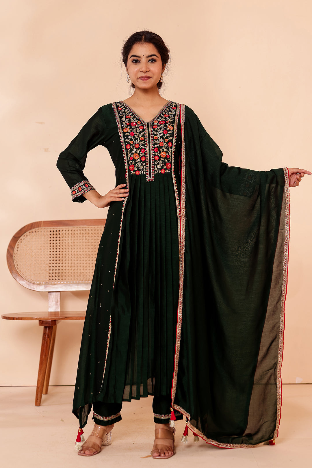 Bottle Green A Line Vichitra Silk Suit.
