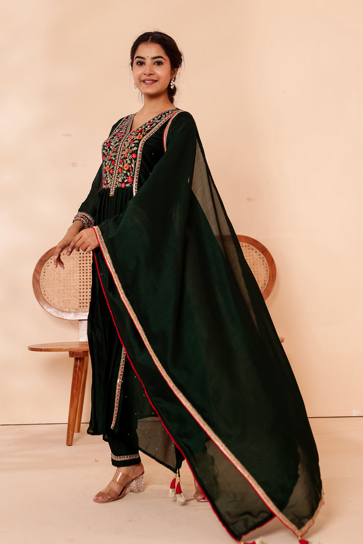 Bottle Green A Line Vichitra Silk Suit.