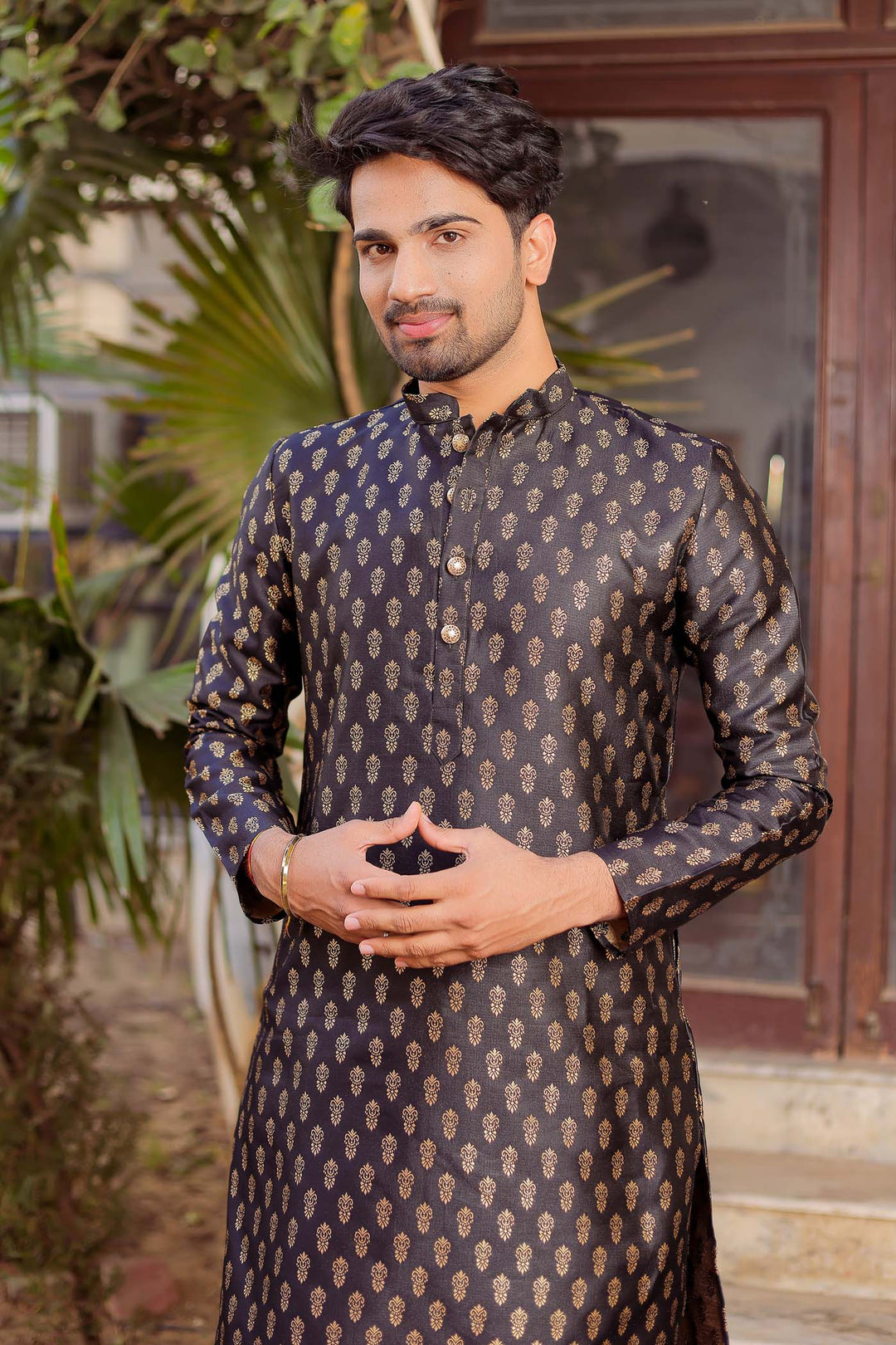 Black Brocade Silk Kurta Suit.