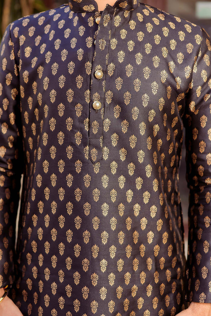 Black Brocade Silk Kurta Suit.