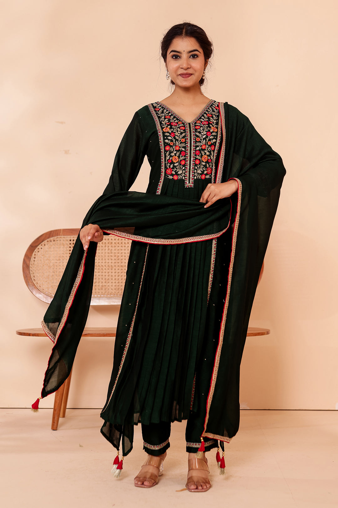 Bottle Green A Line Vichitra Silk Suit.