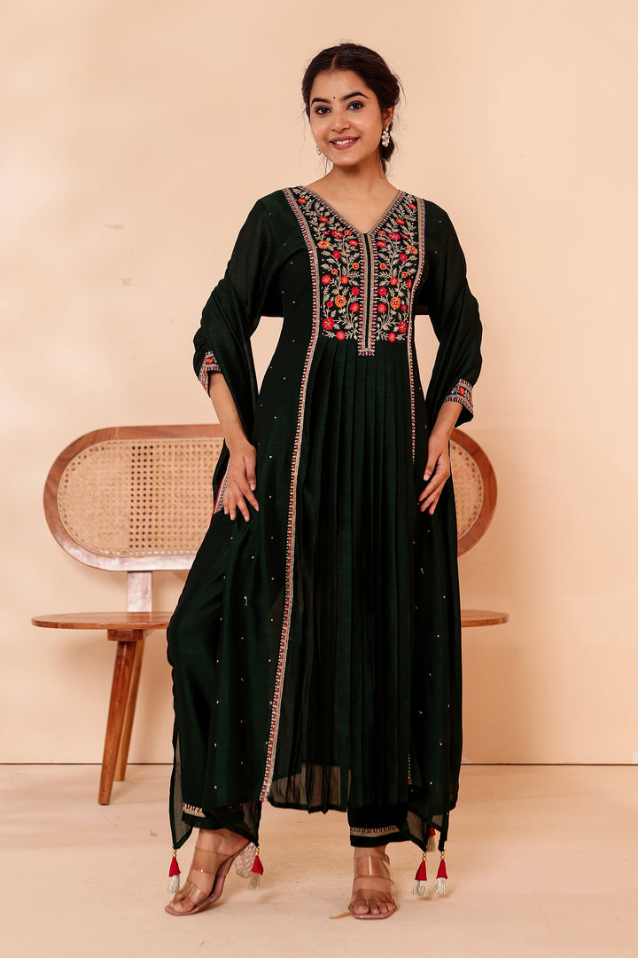 Bottle Green A Line Vichitra Silk Suit.