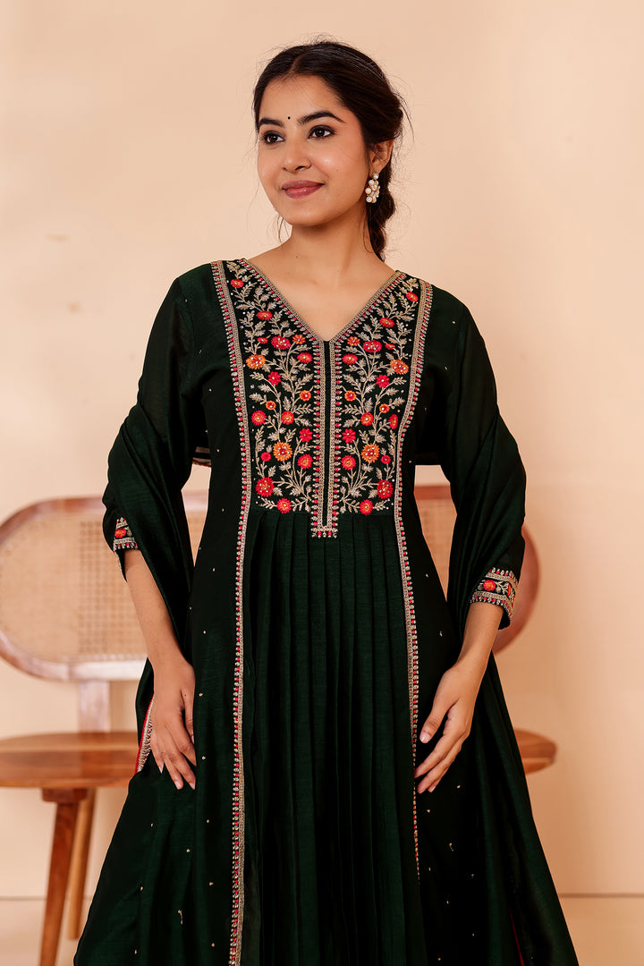 Bottle Green A Line Vichitra Silk Suit.