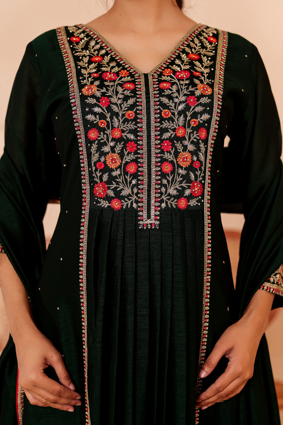 Bottle Green A Line Vichitra Silk Suit.