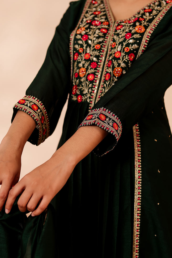 Bottle Green A Line Vichitra Silk Suit.