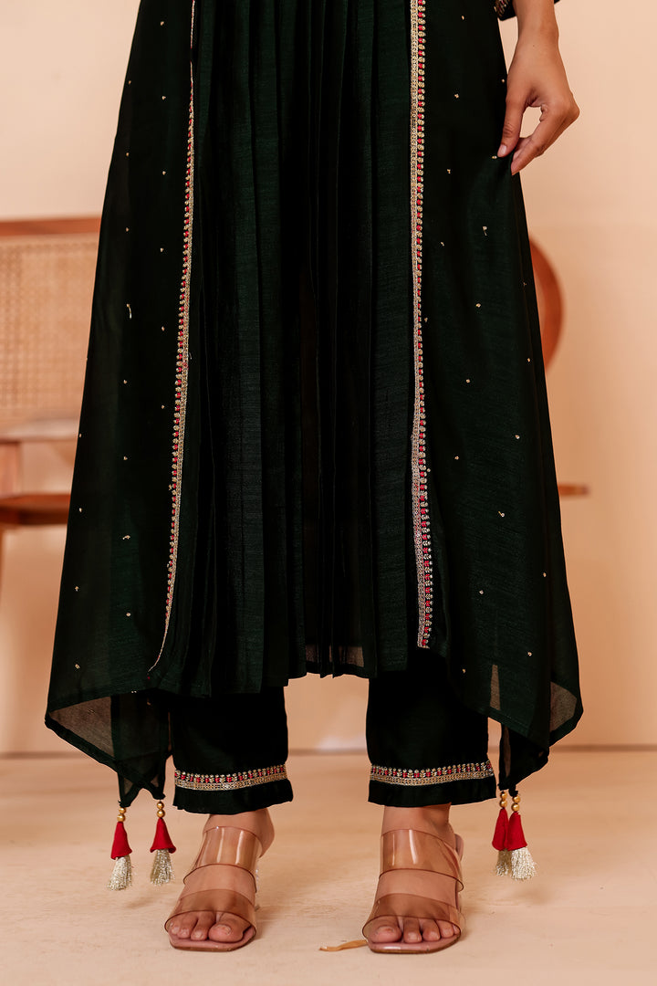 Bottle Green A Line Vichitra Silk Suit.