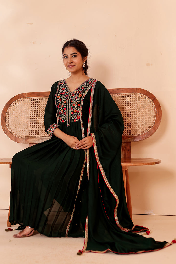 Bottle Green A Line Vichitra Silk Suit.