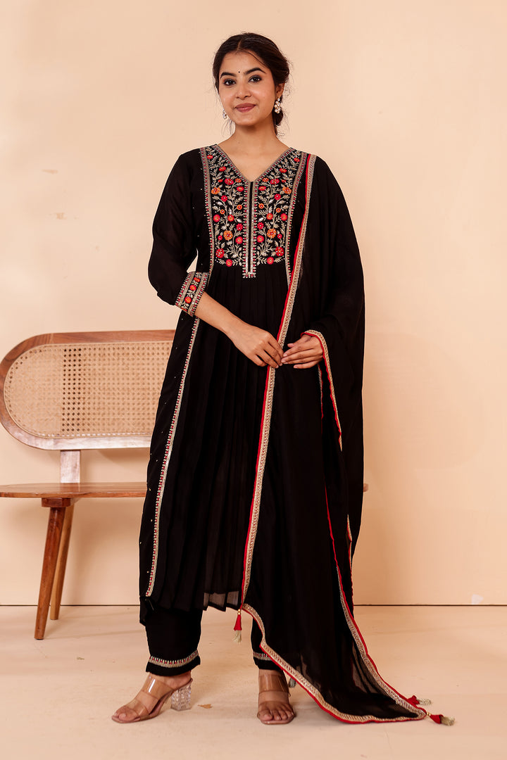 Black A Line Vichitra Silk Suit.