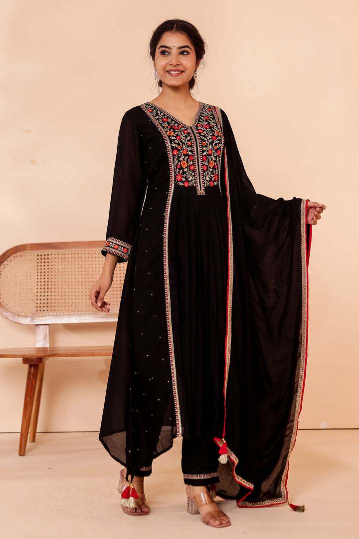 Black A Line Vichitra Silk Suit.