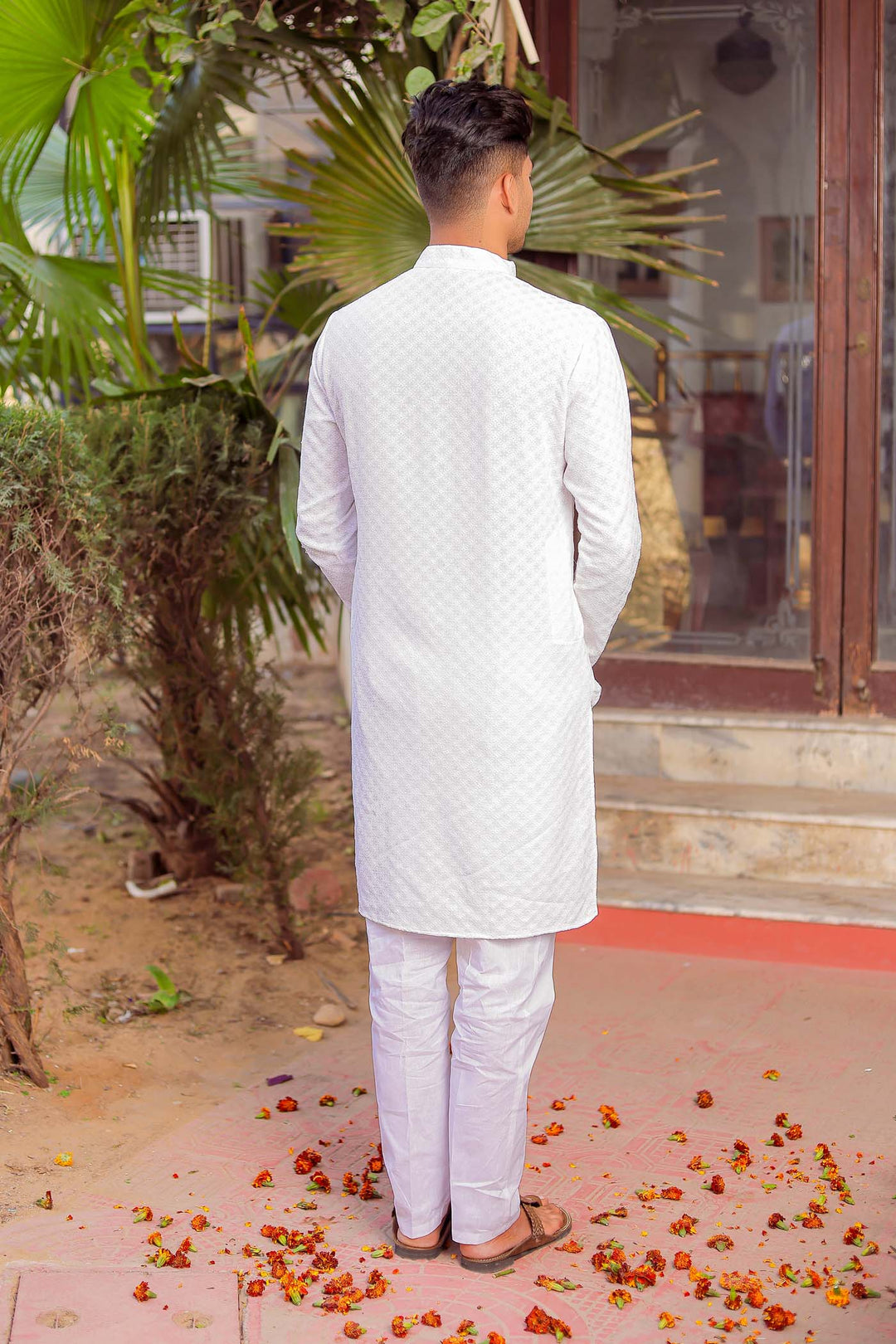 White Sequin Embellished Chikankari Kurta Suit.