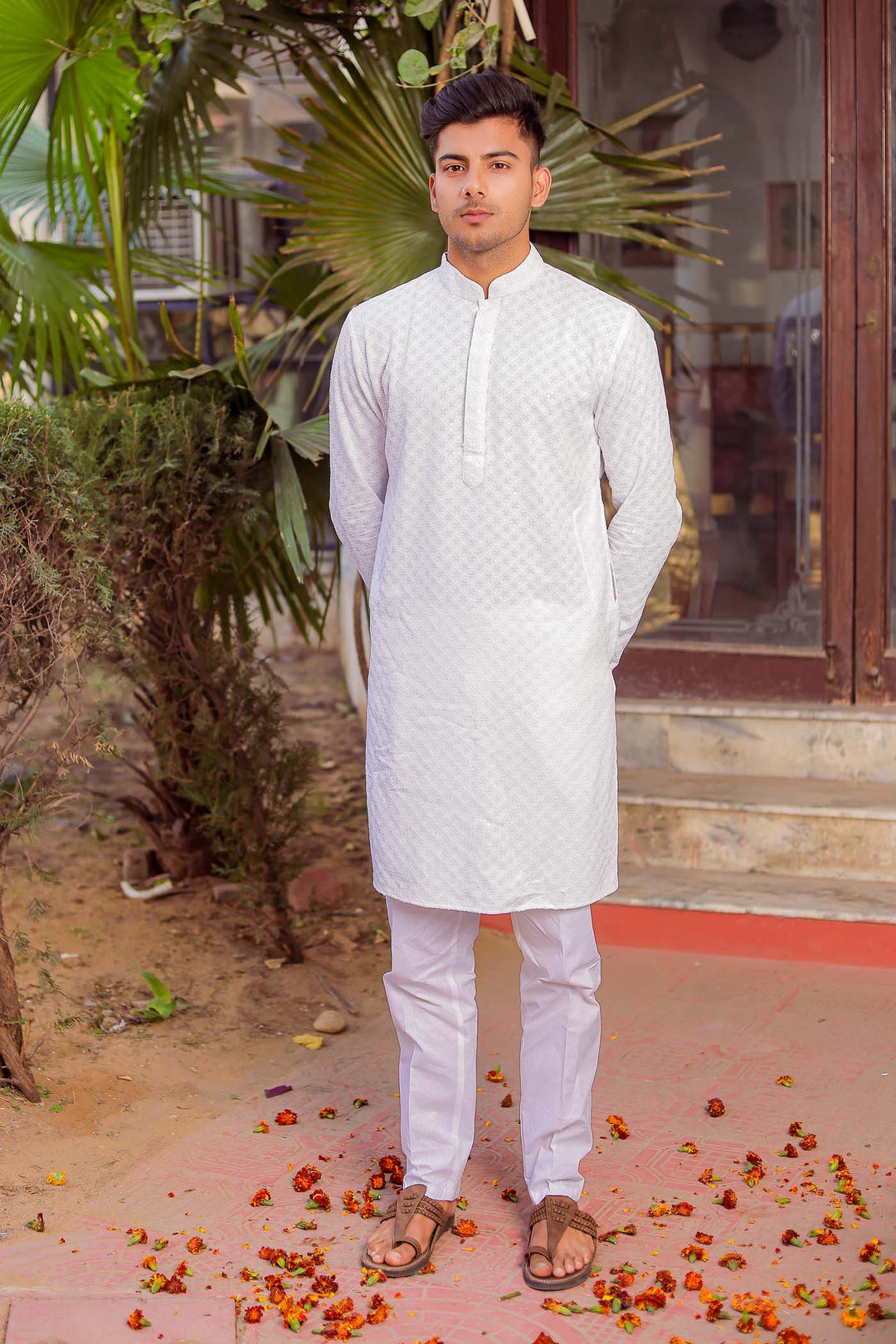 White Sequin Embellished Chikankari Kurta Suit.