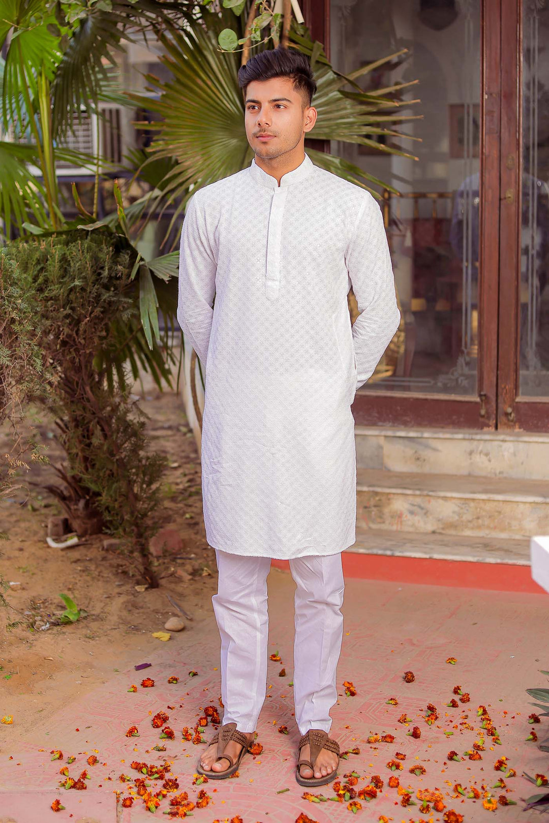 White Sequin Embellished Chikankari Kurta Suit.