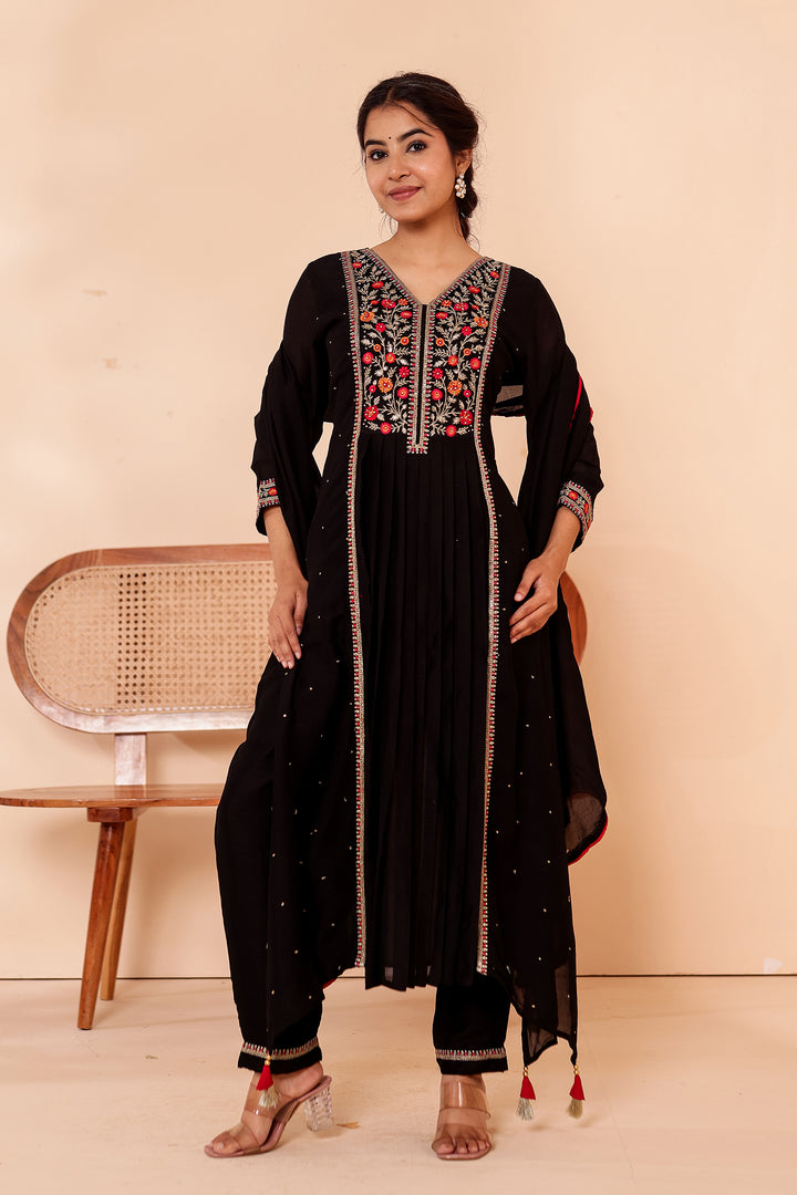 Black A Line Vichitra Silk Suit.