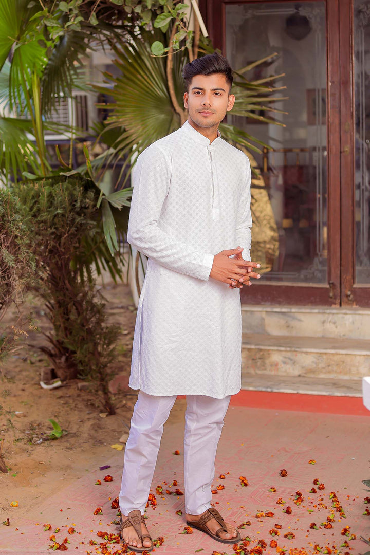 White Sequin Embellished Chikankari Kurta Suit.