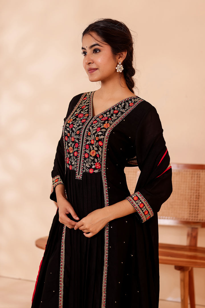 Black A Line Vichitra Silk Suit.