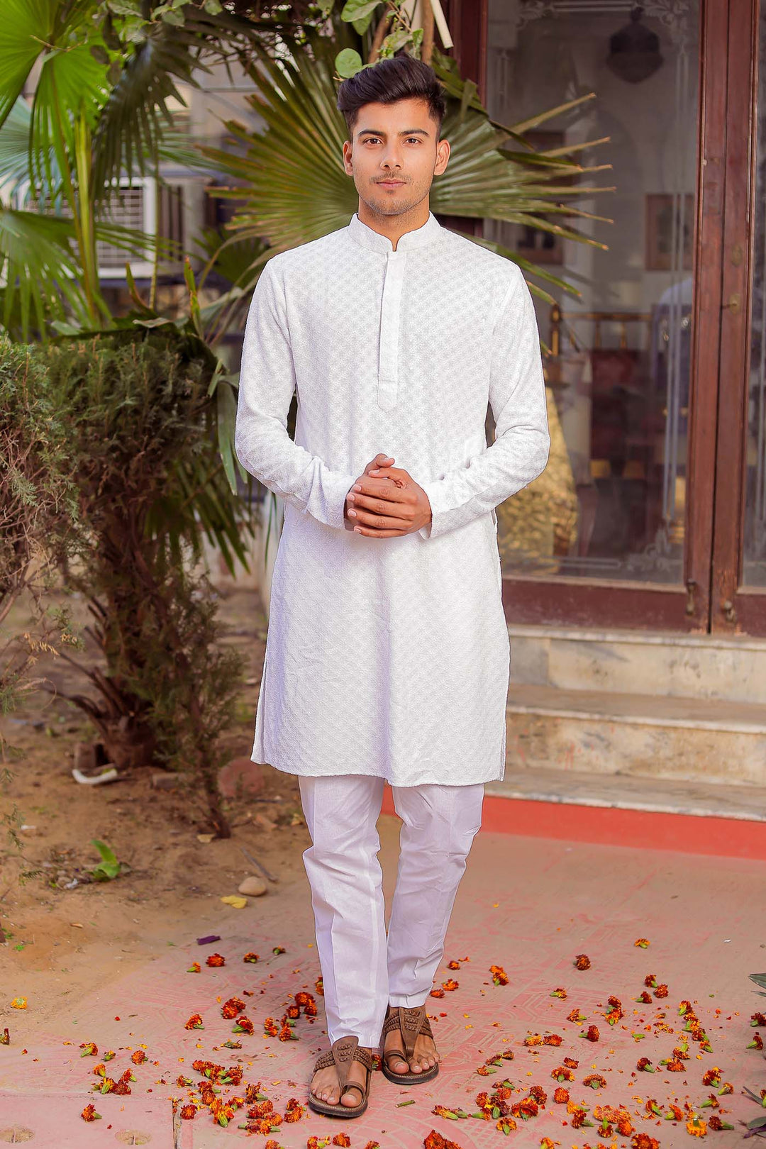 White Sequin Embellished Chikankari Kurta Suit.