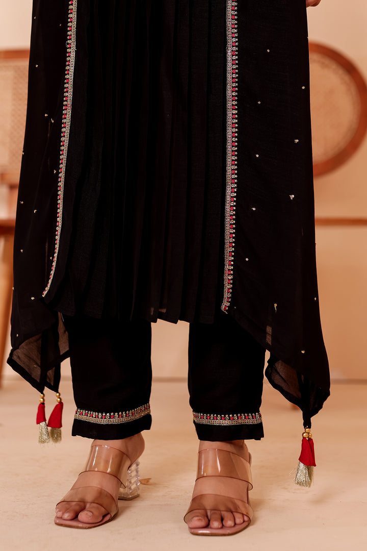 Black A Line Vichitra Silk Suit.