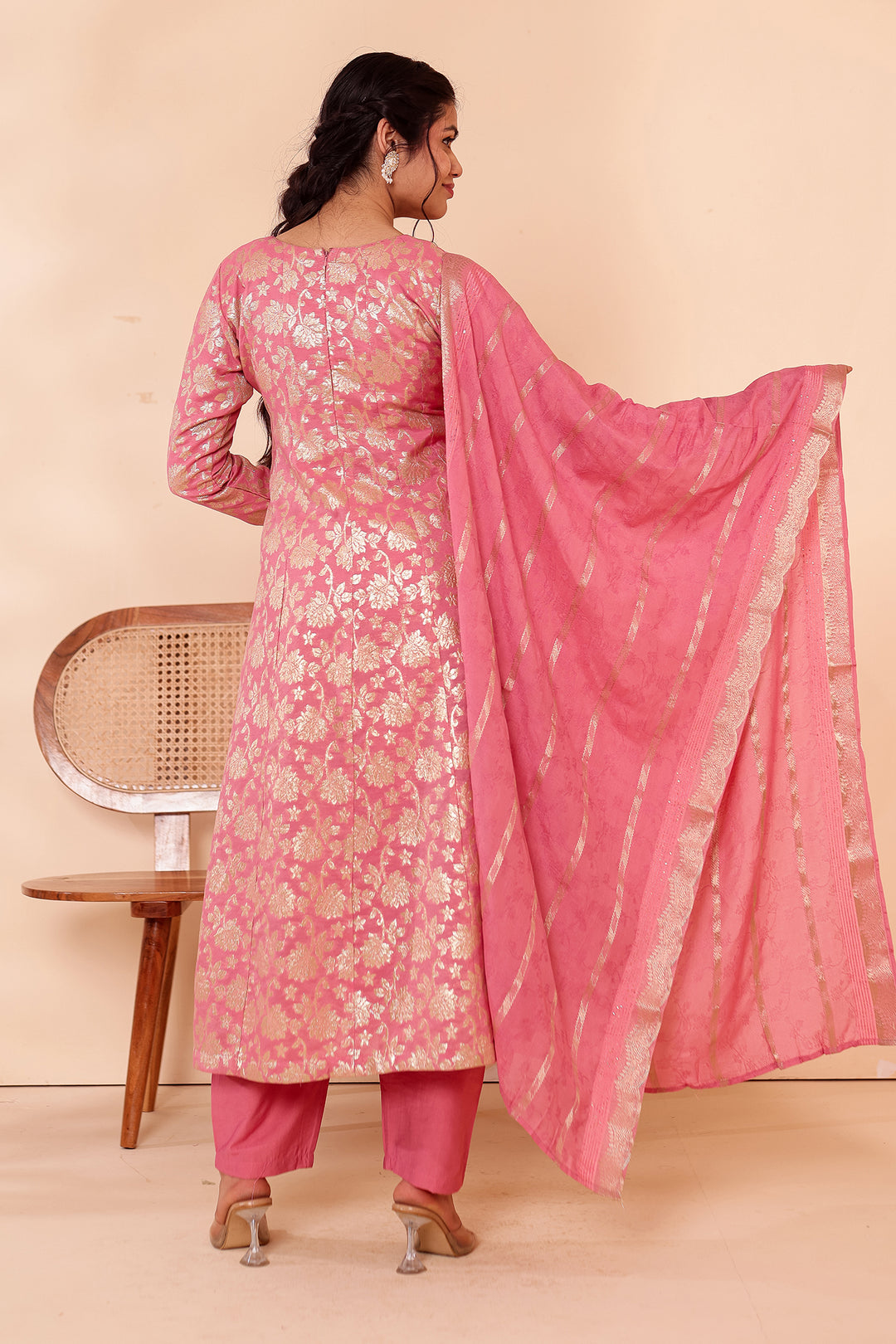 Pink Chanderi Jacquard Silk Kali Style Suit.