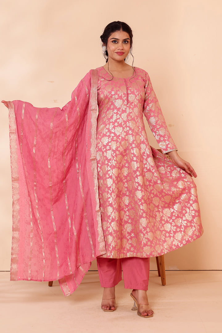 Pink Chanderi Jacquard Silk Kali Style Suit.